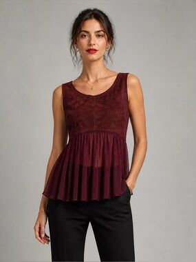 Illia Burgundy Babydoll Top XS Suede Look Sheer Peplum Whimsigoth tank